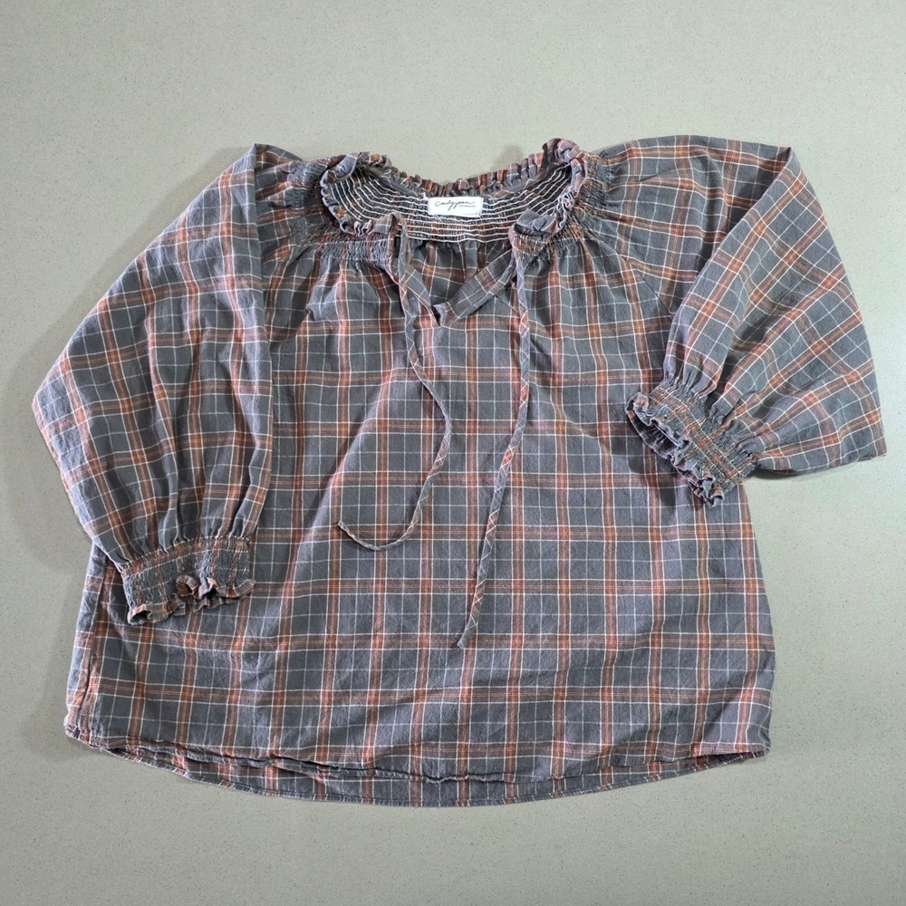 Carly Jean Los Angeles Plaid Smocked Peasant Blouse Grey Orange Cotton Large